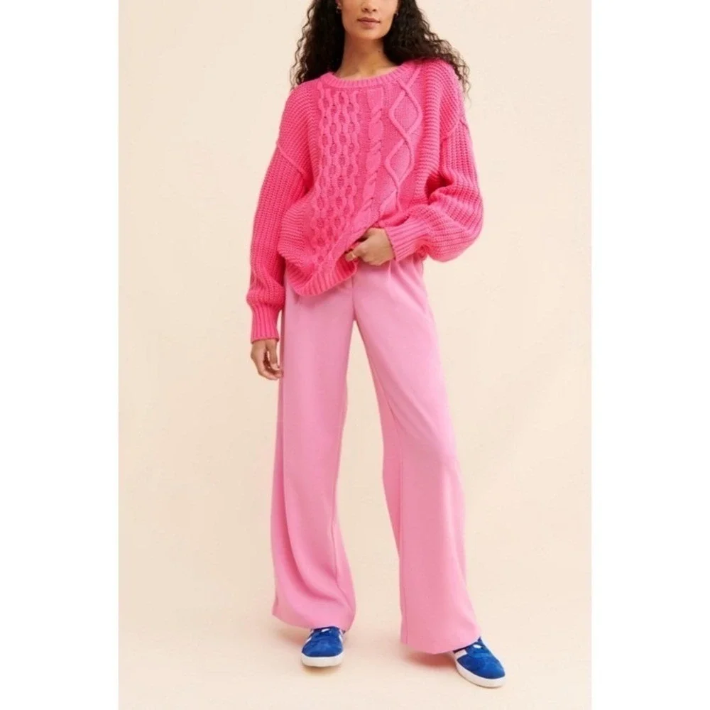 Free People On A Boat Cable Knit Sweater Pink Oversized‎ Cotton Blend Womens S